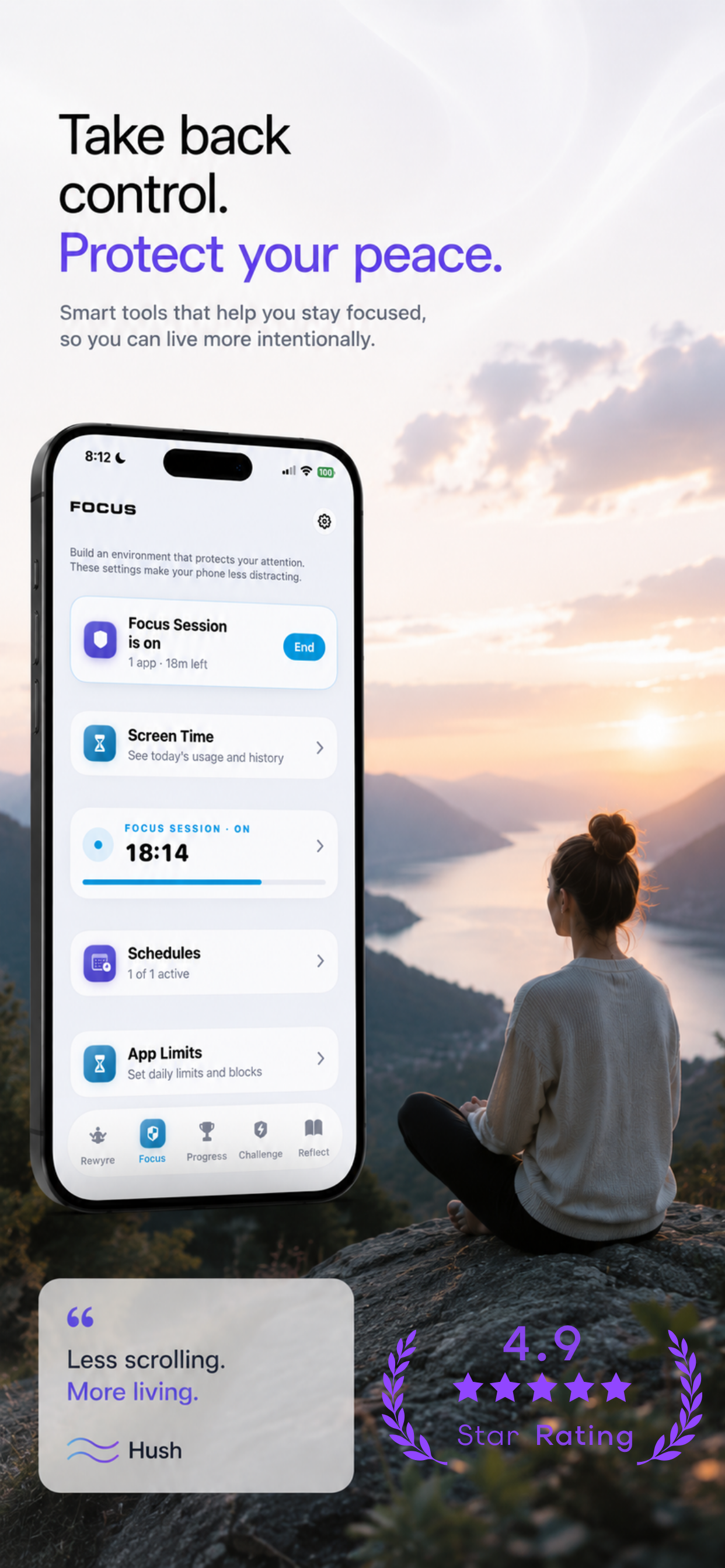 Hush dashboard with 4.9 star rating